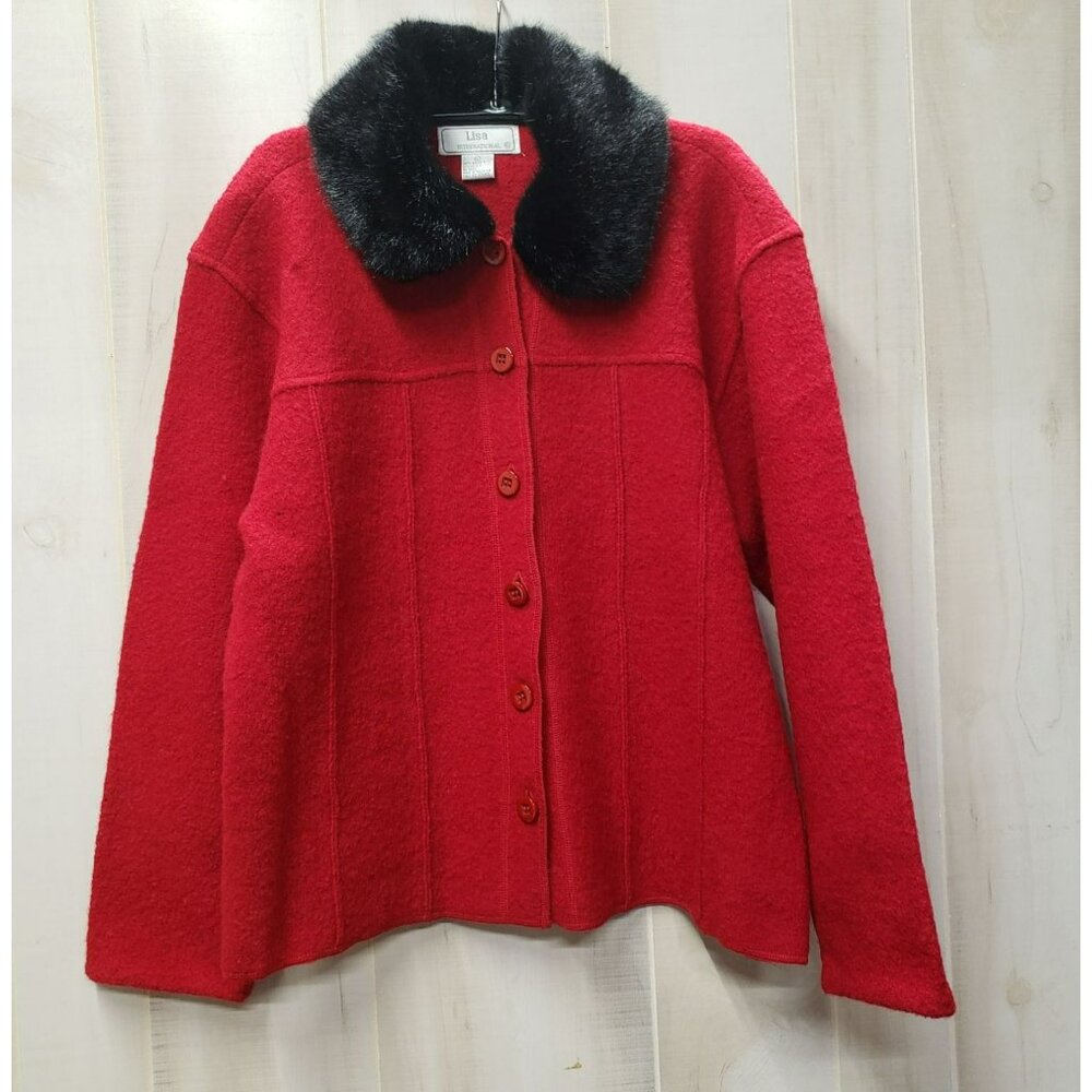 Red Boiled Wool Cardigan Sweater Faux Fur Collar, Large, Lisa International HOLE